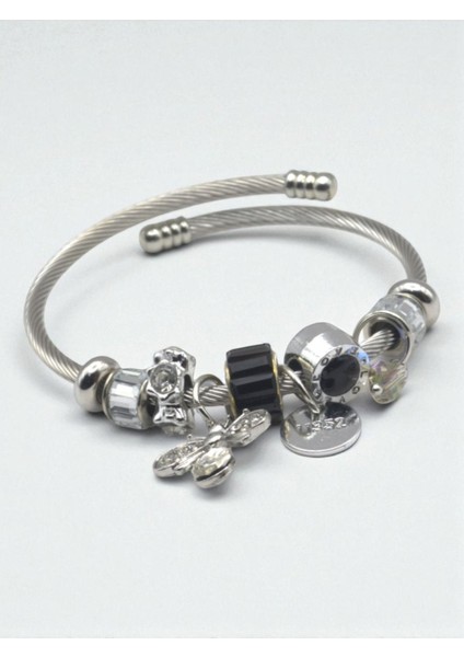Şık Siyah Beyaz Kristalli Uyumlu Charm Bileklik