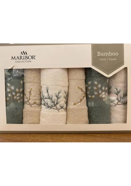 Yapraklı - %70 Bambu / %30 Pamuk Nakışlı El Havlusu - 6'lı Set 50X9