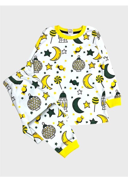 Erkek Çocuk %100 Pamuklu Beyaz Ramazan Temalı Şeker Ay Yıldız Desenli Uzun Kollu Pijama Takımı