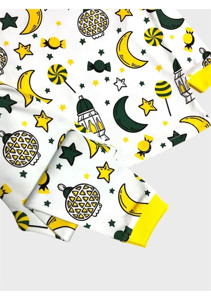 Erkek Çocuk %100 Pamuklu Beyaz Ramazan Temalı Şeker Ay Yıldız Desenli Uzun Kollu Pijama Takımı fiyatları