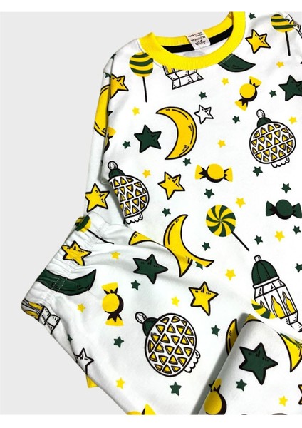Erkek Çocuk %100 Pamuklu Beyaz Ramazan Temalı Şeker Ay Yıldız Desenli Uzun Kollu Pijama Takımı modelleri