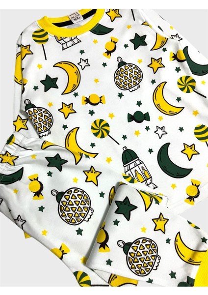 Erkek Çocuk %100 Pamuklu Beyaz Ramazan Temalı Şeker Ay Yıldız Desenli Uzun Kollu Pijama Takımı fırsatları