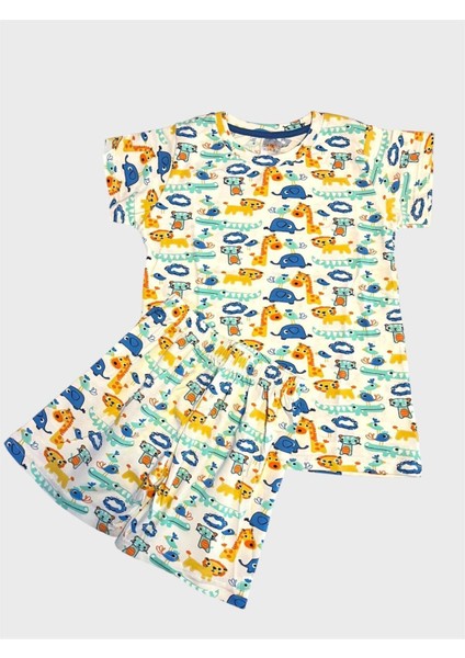 Erkek Çocuk %100 Pamuklu Beyaz Safari Desenli Kısa Kollu Şortlu Yazlık Pijama Takımı