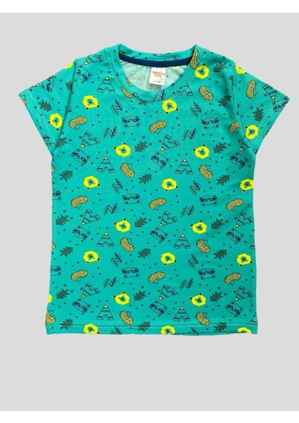 Erkek Çocuk %100 Pamuklu Ayıcık Kirpi Çam Desenli Kısa Kollu Yeşil Yazlık Pijama Takımı fırsatları