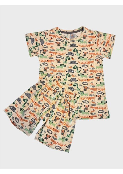 Erkek Çocuk %100 Pamuklu Bej Rengi Safari Desenli Kısa Kollu Şortlu Yazlık Pijama Takımı