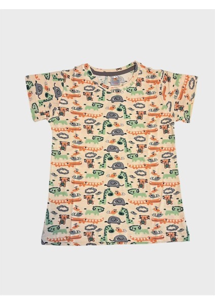 Erkek Çocuk %100 Pamuklu Bej Rengi Safari Desenli Kısa Kollu Şortlu Yazlık Pijama Takımı modelleri