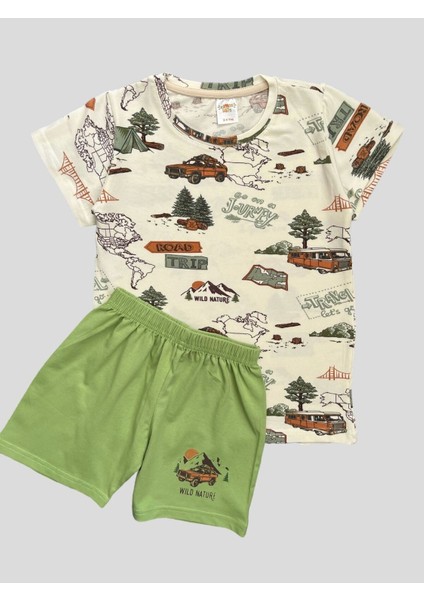 Erkek Çocuk %100 Pamuklu Araba Otobüs Desenli Ekru Yeşil Kısa Kollu Şortlu Yazlık Pijama Takımı