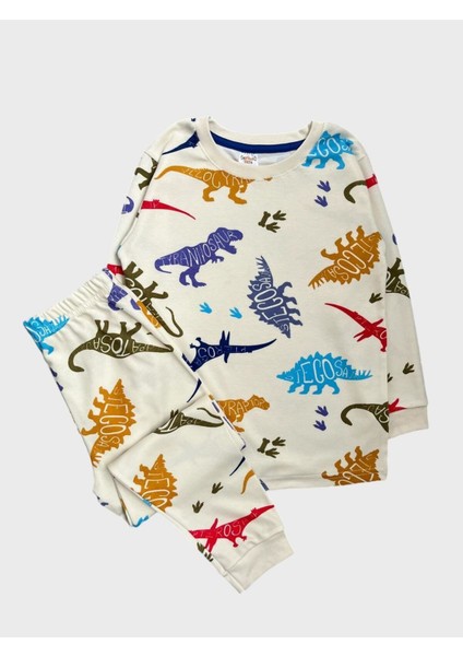 Erkek Çocuk %100 Pamuklu Ekru Dinozor Desenli Uzun Kollu Pijama Takımı