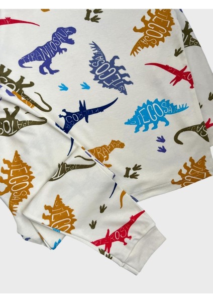 Erkek Çocuk %100 Pamuklu Ekru Dinozor Desenli Uzun Kollu Pijama Takımı fiyatları