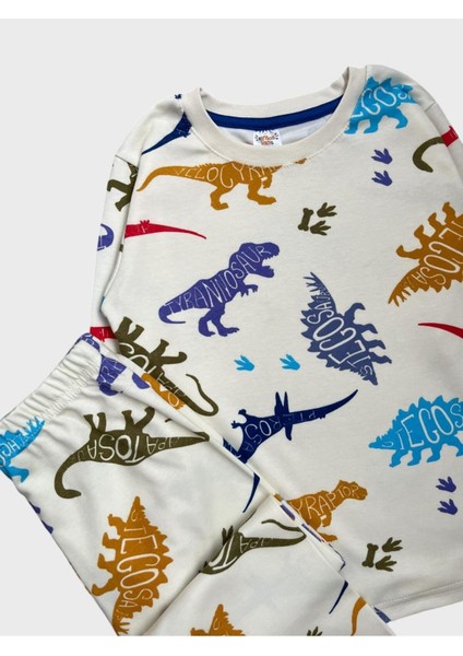Erkek Çocuk %100 Pamuklu Ekru Dinozor Desenli Uzun Kollu Pijama Takımı modelleri