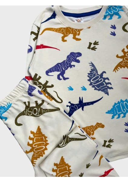 Erkek Çocuk %100 Pamuklu Ekru Dinozor Desenli Uzun Kollu Pijama Takımı fırsatları