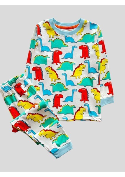 Erkek Çocuk %100 Pamuklu Beyaz Dinozor Desenli Pijama Takımı