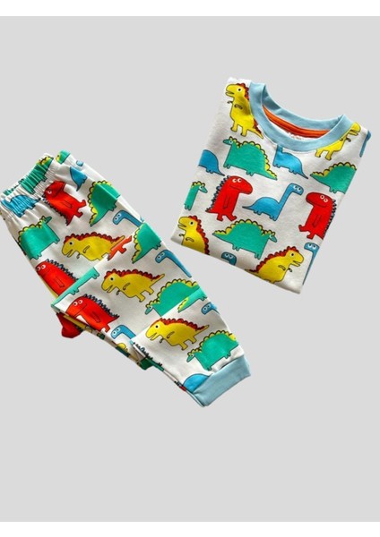 Erkek Çocuk %100 Pamuklu Beyaz Dinozor Desenli Pijama Takımı fiyatları