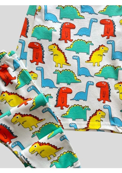 Erkek Çocuk %100 Pamuklu Beyaz Dinozor Desenli Pijama Takımı modelleri