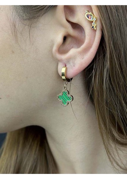 Van, Sallantılı, Paslanmaz Çelik Küpe 223, Kasa Altın, Figür Yeşil Renk