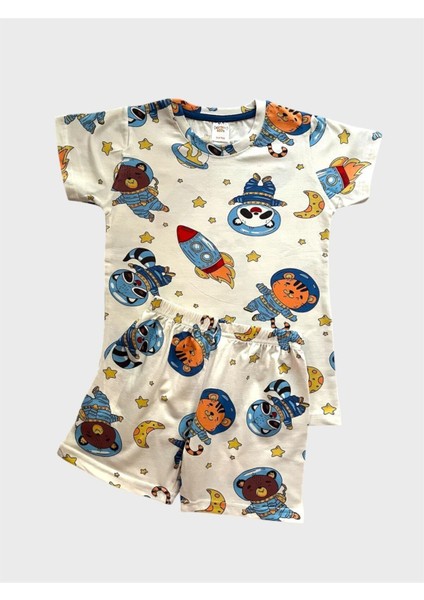 Erkek Çocuk %100 Pamuklu Beyaz Astronot Desenli Kısa Kollu Şortlu Yazlık Pijama Takımı