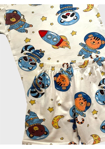Erkek Çocuk %100 Pamuklu Beyaz Astronot Desenli Kısa Kollu Şortlu Yazlık Pijama Takımı fiyatları