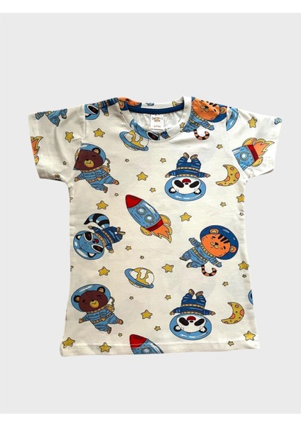 Erkek Çocuk %100 Pamuklu Beyaz Astronot Desenli Kısa Kollu Şortlu Yazlık Pijama Takımı modelleri