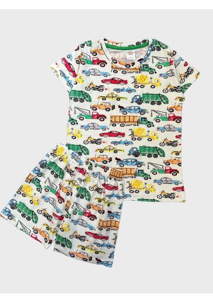 Erkek Çocuk %100 Pamuklu Beyaz Araba Otobüs Desenli Kısa Kollu Şortlu Yazlık Pijama Takımı