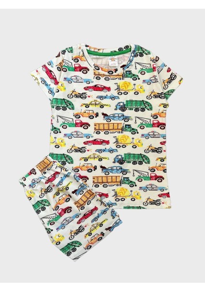 Erkek Çocuk %100 Pamuklu Beyaz Araba Otobüs Desenli Kısa Kollu Şortlu Yazlık Pijama Takımı fiyatları