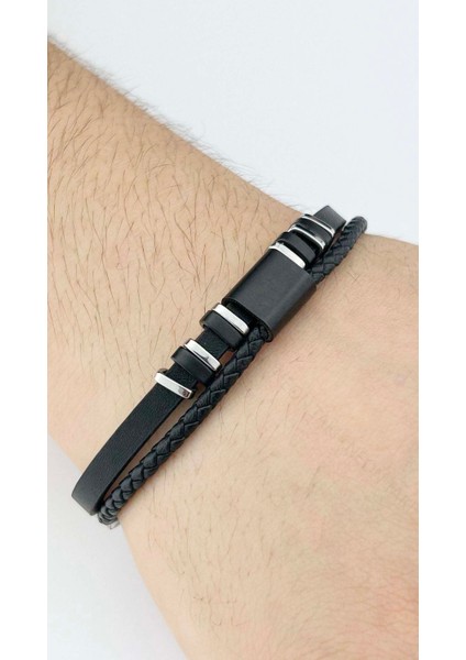 Erkek Bileklik 429, Deri Ve Paslanmaz Çelik