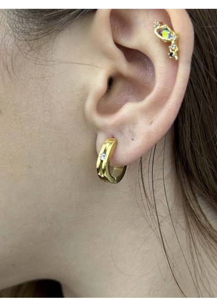 Zirkon Taşlı, Oval Halka Model, Paslanmaz Çelik Küpe 62, Altın Renk