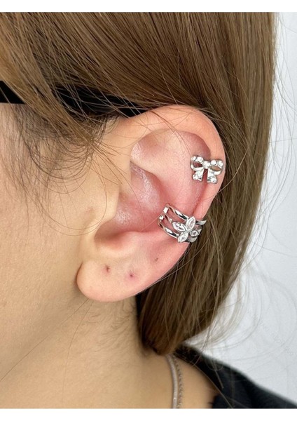 Zirkon Taşlı, Çiçek, Kulak Kıkırdak Bölgesi Bijuteri Küpe 504, Gümüş Renk