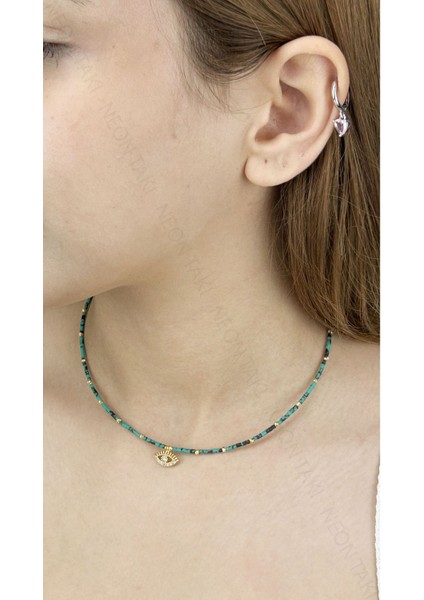 Göz, Renkli Boncuk, Paslanmaz Çelik Kolye 396, Koyu Mavi, Altın Renk