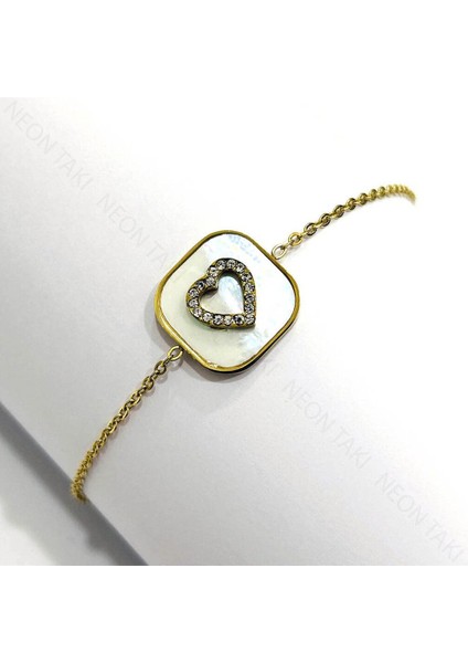 Zirkon Taşlı, Kalpli Beyaz Sedefli, Paslanmaz Çelik Halhal 5, Altın Renk