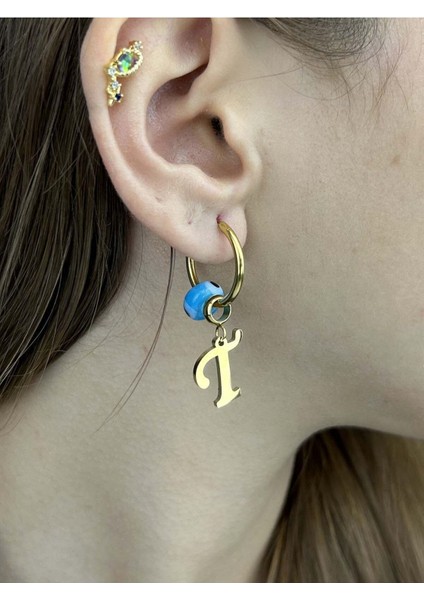 Harf Küpe, Kararmayan Paslanmaz Çelik, T Harf, Nazar Detaylı, Altın Renk, Model167