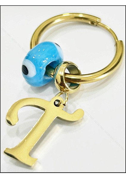 Harf Küpe, Kararmayan Paslanmaz Çelik, T Harf, Nazar Detaylı, Altın Renk, Model167 modelleri