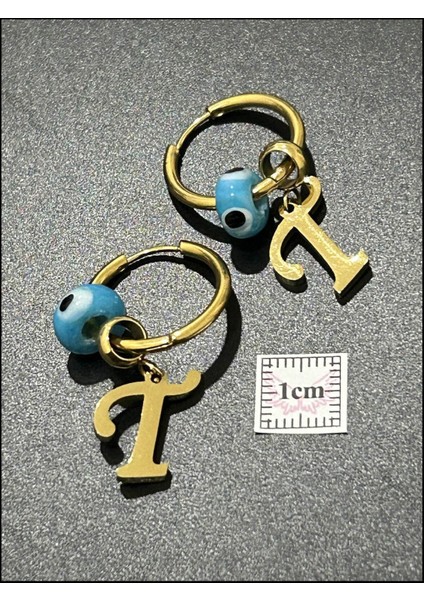 Harf Küpe, Kararmayan Paslanmaz Çelik, T Harf, Nazar Detaylı, Altın Renk, Model167 indirimleri