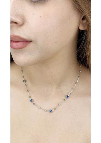 Göz Figürlü, Topçuklu Zincir, Paslanmaz Çelik Kolye 350. Gümüş Renk