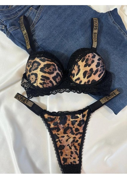 Kadın Leopar Dantelli Taşlı Balenli Destekli Dolgulu Push Up Sütyen Takımı Iç Çamaşırı Takımı