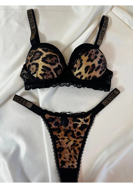 Kadın Leopar Dantelli Taşlı Balenli Destekli Dolgulu Push Up Sütyen Takımı Iç Çamaşırı Takımı fiyatları