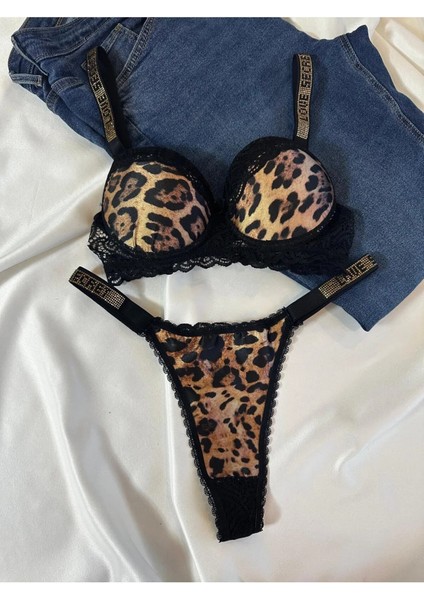 Kadın Leopar Dantelli Taşlı Balenli Destekli Dolgulu Push Up Sütyen Takımı Iç Çamaşırı Takımı modelleri