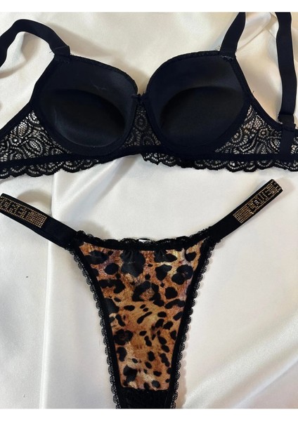Kadın Leopar Dantelli Taşlı Balenli Destekli Dolgulu Push Up Sütyen Takımı Iç Çamaşırı Takımı fırsatları