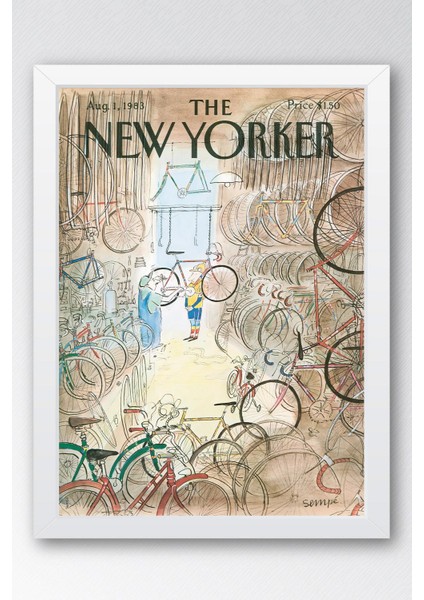 The New Yorker Çerçeveli Tablo August 1 1983 - Saul Steinberg Bisikletçi Dükkanı