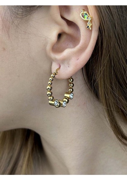 Zirkon Taşlı, Halka Model, Topçuklu, Paslanmaz Çelik Küpe 321, Altın Renk