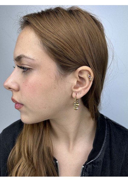 Zirkon Taşlı, Halka Model, Topçuklu, Paslanmaz Çelik Küpe 321, Altın Renk fiyatları