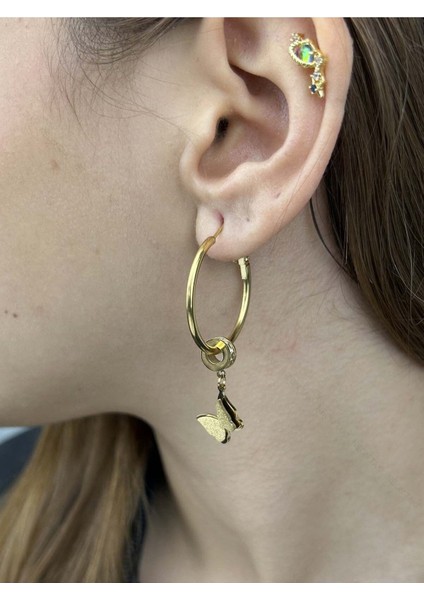 Sallantılı Kelebek Figürlü, Paslanmaz Çelik Küpe 45, Altın Renk