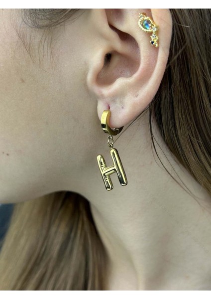 H Harfi, Balon Formlu, Paslanmaz Çelik Küpe 309, Altın Renk