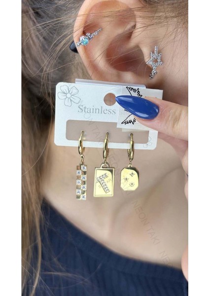 Çoklu Küpe, Zirkon Taşlı, Sallantılı, Paslanmaz Çelik Küpe 283, Altın Renk