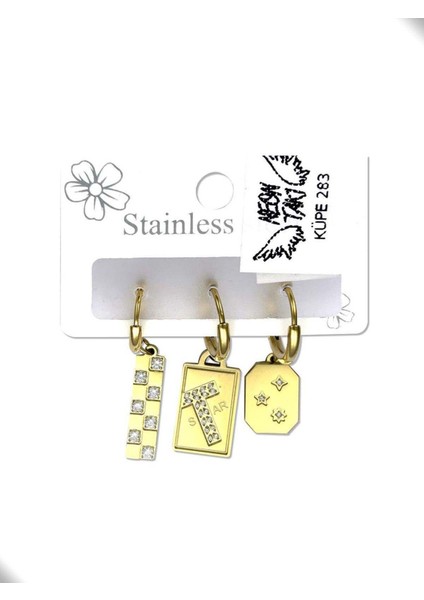 Çoklu Küpe, Zirkon Taşlı, Sallantılı, Paslanmaz Çelik Küpe 283, Altın Renk fiyatları