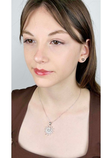 Zirkon Taşlı, Güneş Figürlü Paslanmaz Çelik Kolye 414, Gümüş Renk modelleri