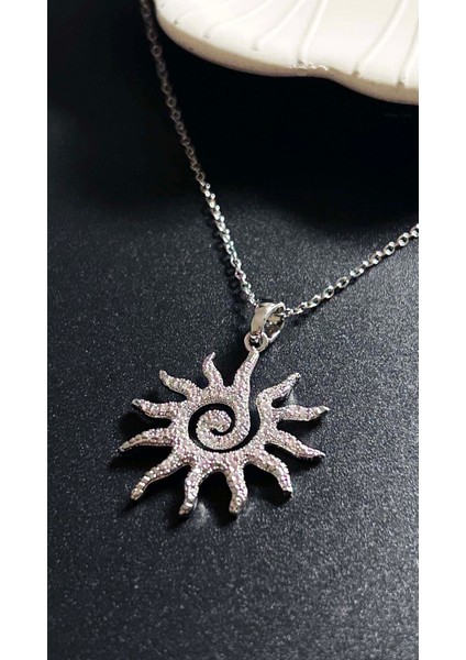 Zirkon Taşlı, Güneş Figürlü Paslanmaz Çelik Kolye 414, Gümüş Renk fırsatları