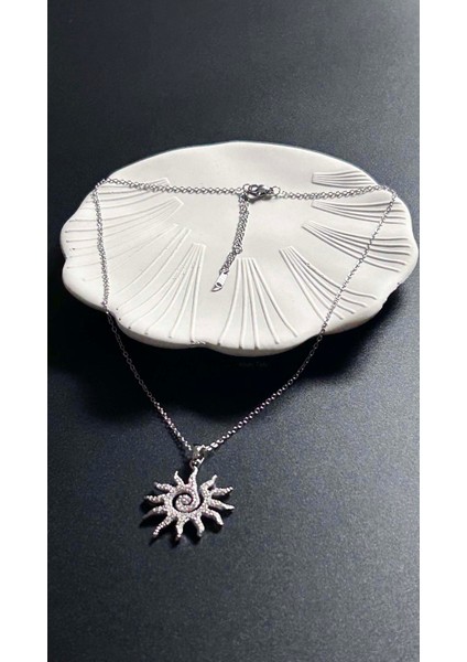 Zirkon Taşlı, Güneş Figürlü Paslanmaz Çelik Kolye 414, Gümüş Renk indirimleri