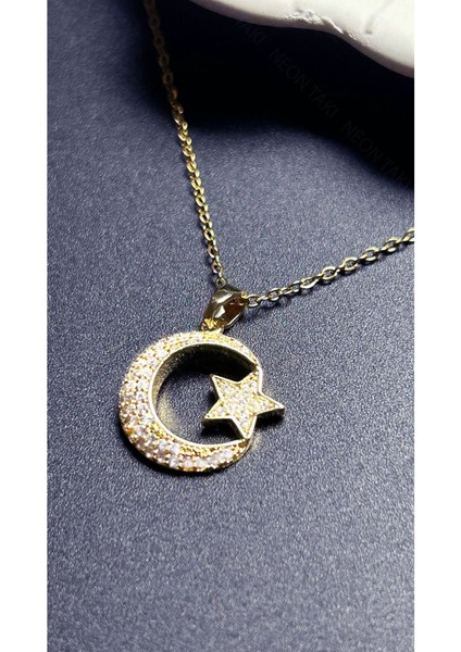 Zirkon Taşlı, Ay Yıldızlı, Paslanmaz Çelik Kolye 401, Altın Renk