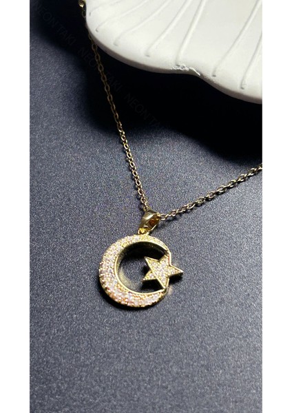 Zirkon Taşlı, Ay Yıldızlı, Paslanmaz Çelik Kolye 401, Altın Renk fırsatları