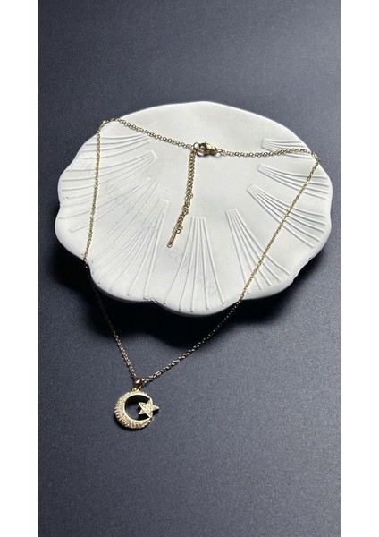 Zirkon Taşlı, Ay Yıldızlı, Paslanmaz Çelik Kolye 401, Altın Renk indirimleri